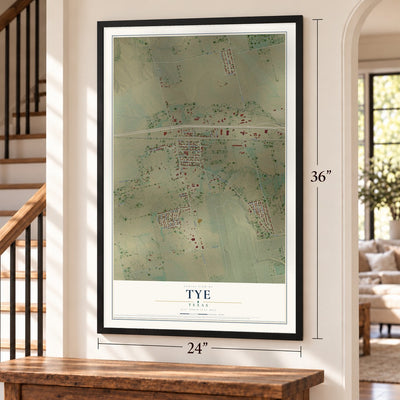 Tye, Texas map, 24 x 36 inch print in a black frame by a staircase