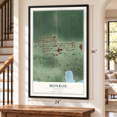 Monroe, Nebraska map, 24 x 36 inch print in a black frame by a staircase