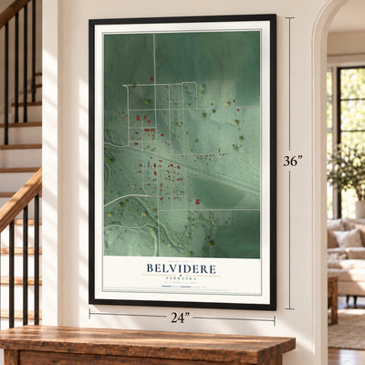Belvidere, Nebraska map, 24 x 36 inch print in a black frame by a staircase