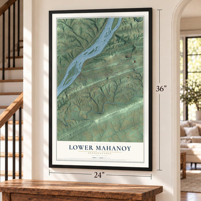 Lower Mahanoy, Pennsylvania map, 24 x 36 inch print in a black frame by a staircase