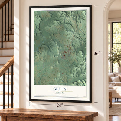 Berry, Alabama map, 24 x 36 inch print in a black frame by a staircase