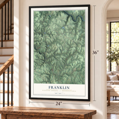 Franklin, Fayette County, Pennsylvania map, 24 x 36 inch print in a black frame by a staircase