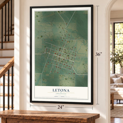 Letona, Arkansas map, 24 x 36 inch print in a black frame by a staircase