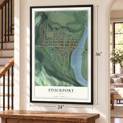Stockport, Ohio map, 24 x 36 inch print in a black frame by a staircase