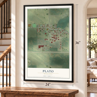 Plato, Minnesota map, 24 x 36 inch print in a black frame by a staircase