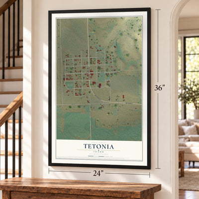 Tetonia, Idaho map, 24 x 36 inch print in a black frame by a staircase