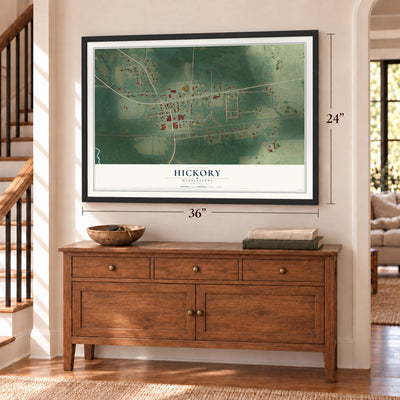 Hickory, Mississippi map, 24 x 36 inch print in a black frame above a dresser by a staircase