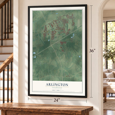 Arlington, Tennessee map, 24 x 36 inch print in a black frame by a staircase
