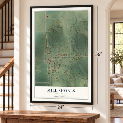 Mill Shoals, Illinois map, 24 x 36 inch print in a black frame by a staircase
