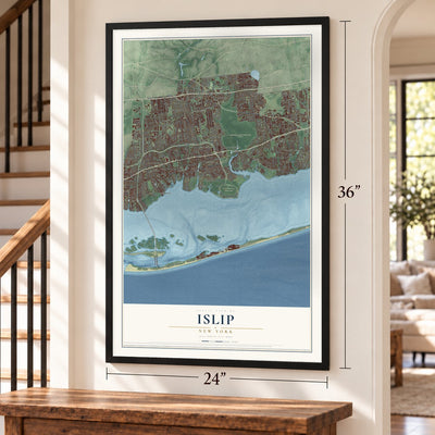 Islip, New York map, 24 x 36 inch print in a black frame by a staircase