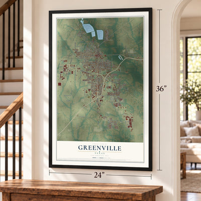 Greenville, Texas map, 24 x 36 inch print in a black frame by a staircase