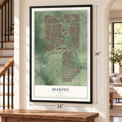 Murphy, Texas map, 24 x 36 inch print in a black frame by a staircase