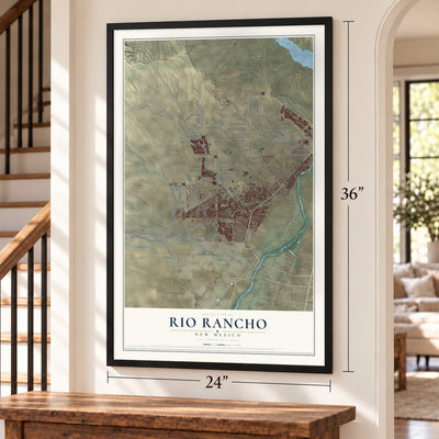 Rio Rancho, New Mexico map, 24 x 36 inch print in a black frame by a staircase