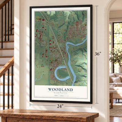Woodland, Washington map, 24 x 36 inch print in a black frame by a staircase