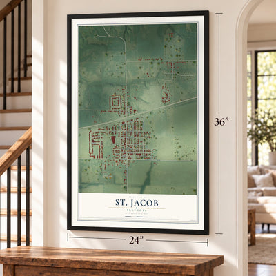 St. Jacob, Illinois map, 24 x 36 inch print in a black frame by a staircase