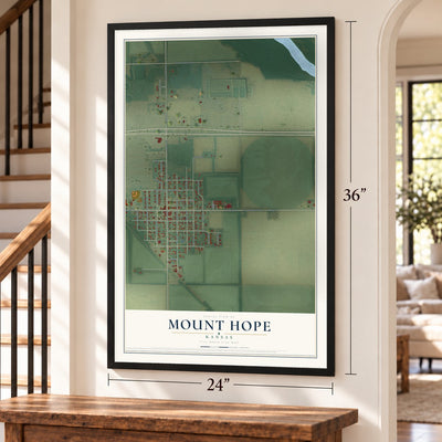 Mount Hope, Kansas map, 24 x 36 inch print in a black frame by a staircase