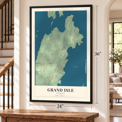 Grand Isle, Vermont map, 24 x 36 inch print in a black frame by a staircase