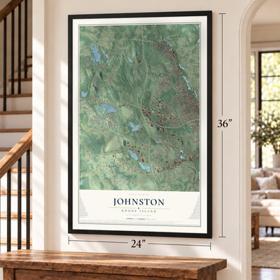 Johnston, Rhode Island map, 24 x 36 inch print in a black frame by a staircase