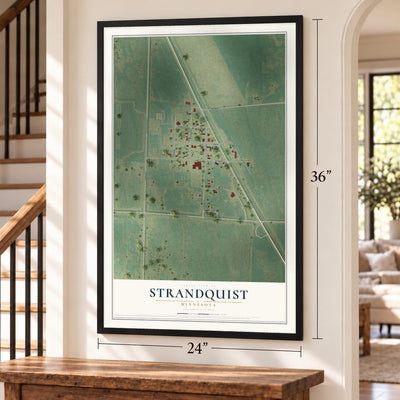 Strandquist, Minnesota map, 24 x 36 inch print in a black frame by a staircase