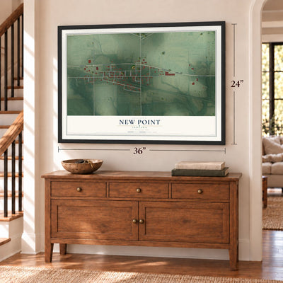 New Point, Indiana map, 24 x 36 inch print in a black frame above a dresser by a staircase