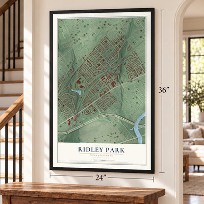 Ridley Park, Pennsylvania map, 24 x 36 inch print in a black frame by a staircase