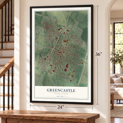 Greencastle, Pennsylvania map, 24 x 36 inch print in a black frame by a staircase