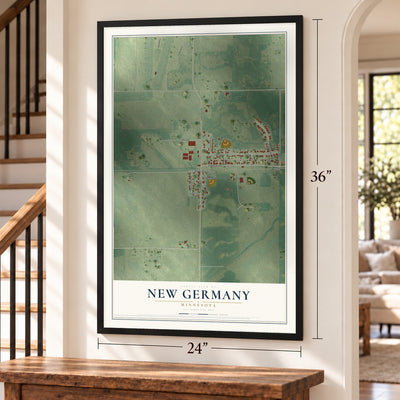 New Germany, Minnesota map, 24 x 36 inch print in a black frame by a staircase