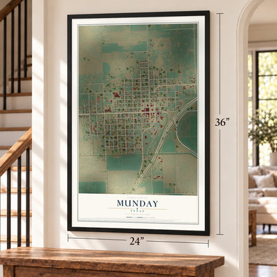 Munday, Texas map, 24 x 36 inch print in a black frame by a staircase