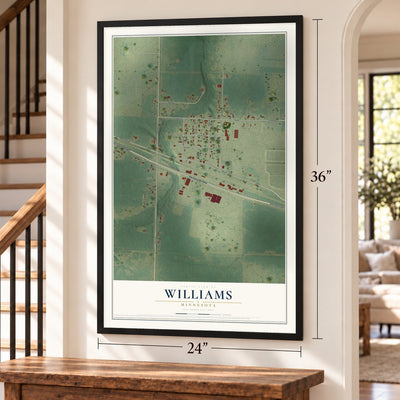 Williams, Minnesota map, 24 x 36 inch print in a black frame by a staircase