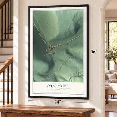 Coalmont, Pennsylvania map, 24 x 36 inch print in a black frame by a staircase