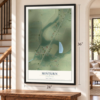 Minturn, Arkansas map, 24 x 36 inch print in a black frame by a staircase