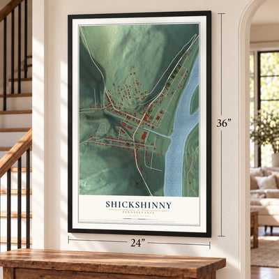 Shickshinny, Pennsylvania map, 24 x 36 inch print in a black frame by a staircase