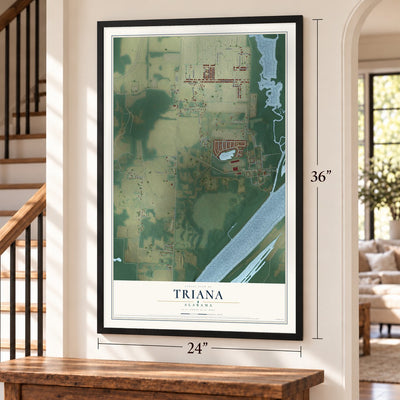 Triana, Alabama map, 24 x 36 inch print in a black frame by a staircase