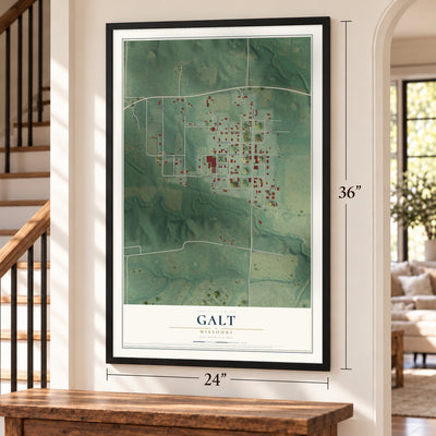 Galt, Missouri map, 24 x 36 inch print in a black frame by a staircase