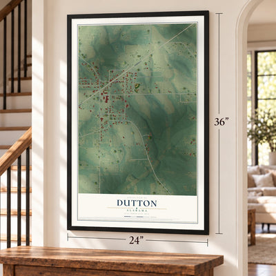 Dutton, Alabama map, 24 x 36 inch print in a black frame by a staircase