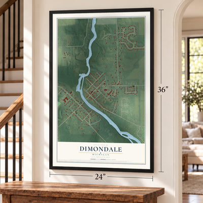 Dimondale, Michigan map, 24 x 36 inch print in a black frame by a staircase