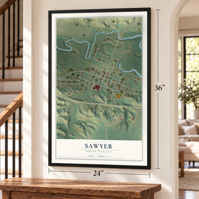 Sawyer, North Dakota map, 24 x 36 inch print in a black frame by a staircase