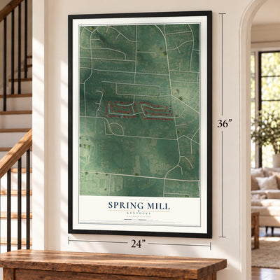 Spring Mill, Kentucky map, 24 x 36 inch print in a black frame by a staircase