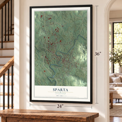Sparta, Tennessee map, 24 x 36 inch print in a black frame by a staircase
