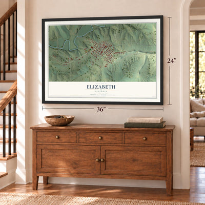 Elizabeth, Illinois map, 24 x 36 inch print in a black frame above a dresser by a staircase
