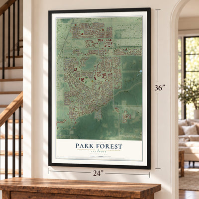 Park Forest, Illinois map, 24 x 36 inch print in a black frame by a staircase