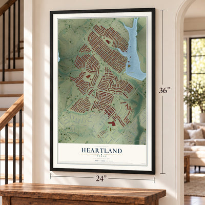 Heartland, Texas map, 24 x 36 inch print in a black frame by a staircase