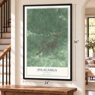 Sylacauga, Alabama map, 24 x 36 inch print in a black frame by a staircase