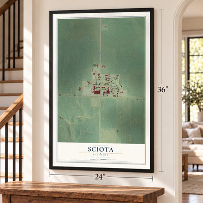 Sciota, Illinois map, 24 x 36 inch print in a black frame by a staircase