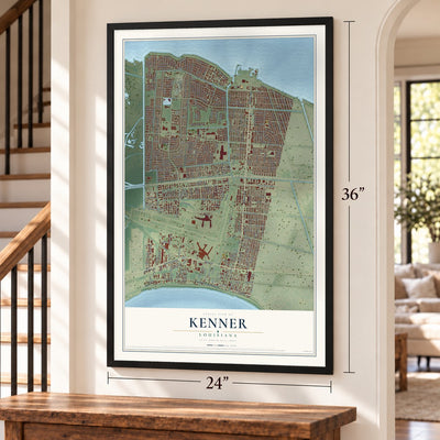 Kenner, Louisiana map, 24 x 36 inch print in a black frame by a staircase