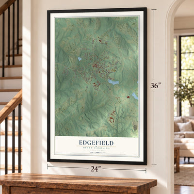 Edgefield, South Carolina map, 24 x 36 inch print in a black frame by a staircase