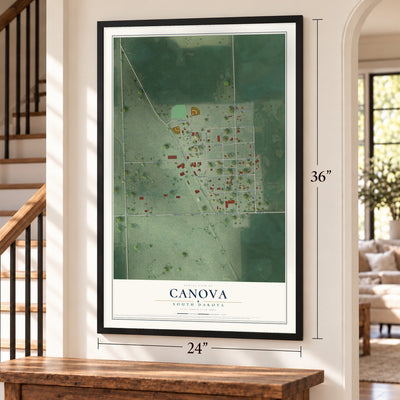 Canova, South Dakota map, 24 x 36 inch print in a black frame by a staircase