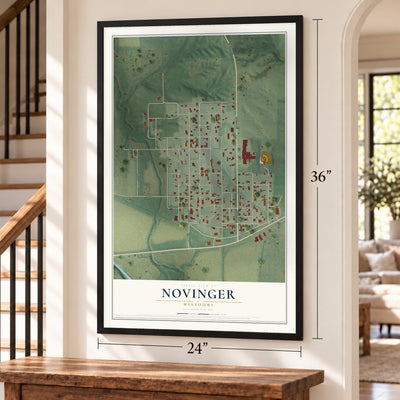 Novinger, Missouri map, 24 x 36 inch print in a black frame by a staircase