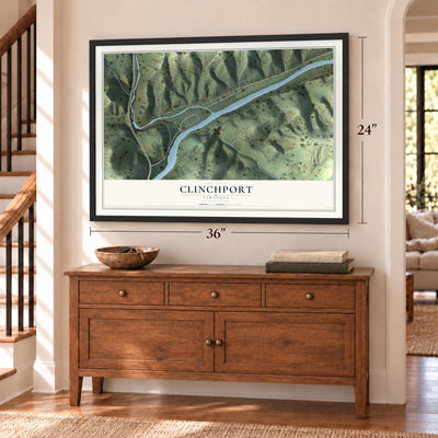 Clinchport, Virginia map, 24 x 36 inch print in a black frame above a dresser by a staircase