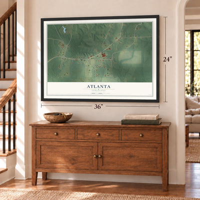 Atlanta, Louisiana map, 24 x 36 inch print in a black frame above a dresser by a staircase